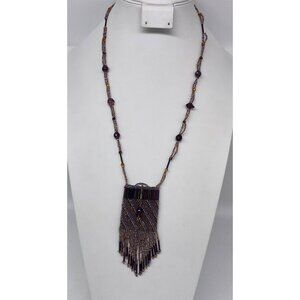 Beaded Necklace  Fringe Pendant Amulet Holder Purple Multicolor Beads 28"